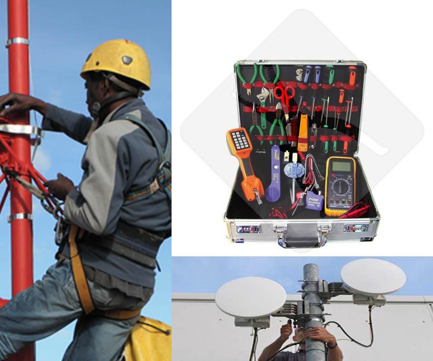 Network maintenance: tower climbing, telecom tool kit and microwave dish installation