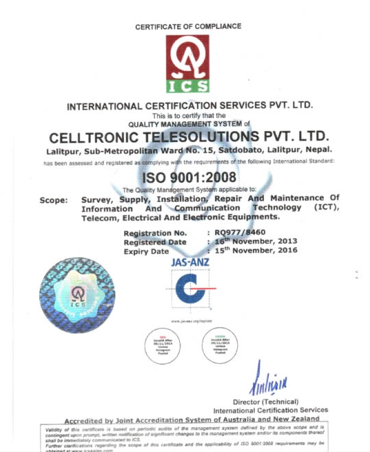 ISO 9001:2008 Certificate of Compliance for Celltronic Telesolutions Pvt. Ltd.